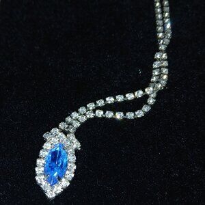 Silver Tone Faux Blue & White Rhinestone Necklace Vintage Costume Jewelry #102